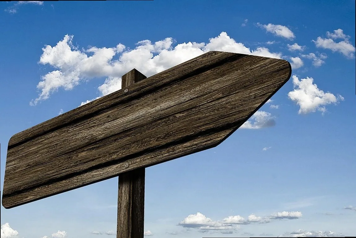 signpost, waypoint, wood, grain, board, sign, direction, nature, right, path, marking, arrow, heaven, clouds