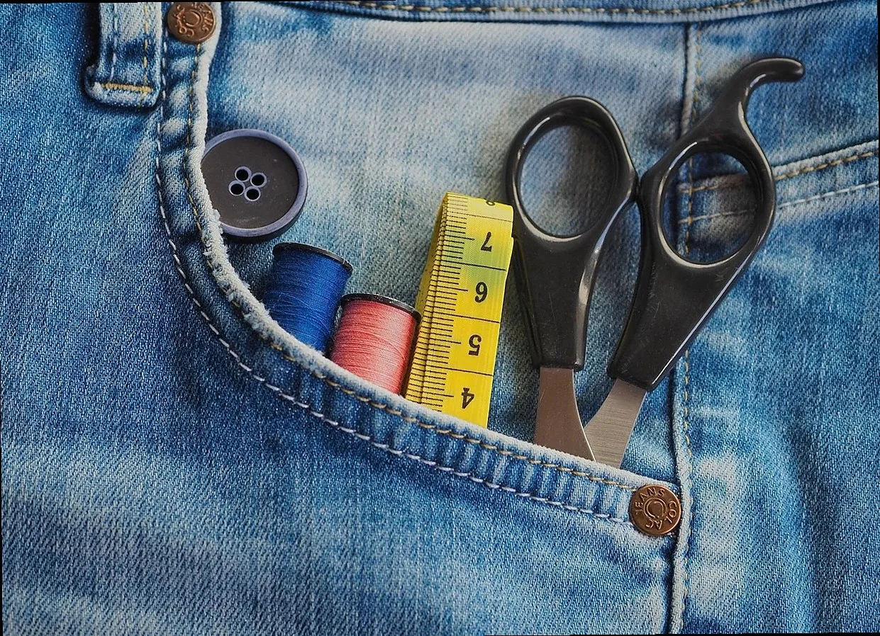 jeans, sewing supplies, sew, yarn, scissors, tape measure, handwork, tools, tools, tools, tools, tools, tools